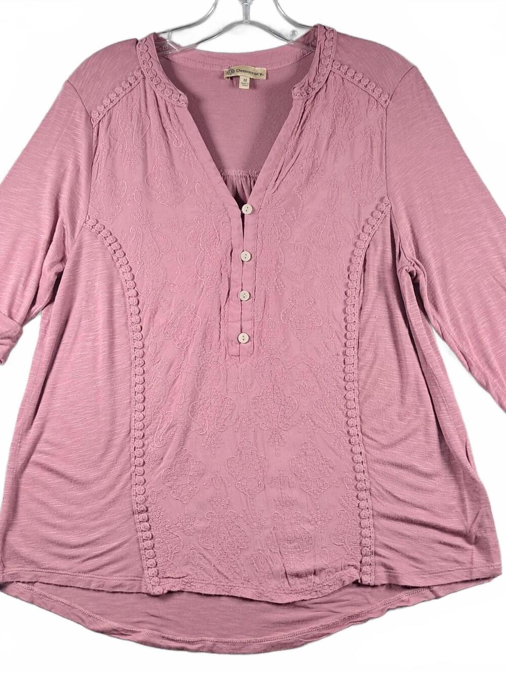 Democracy Women’s M Mauve Embroidered Henley Tunic Boho Lace Trim